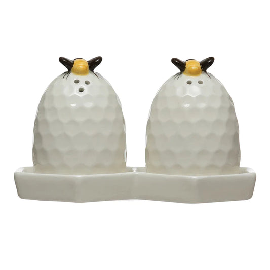 Salt & Pepper Shakers - Vintage Reproduction Beehive w/ Honeycomb Plate