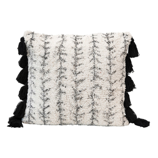 Pillow Printed Tufted with Tassels Cotton Black & Cream 18" Square