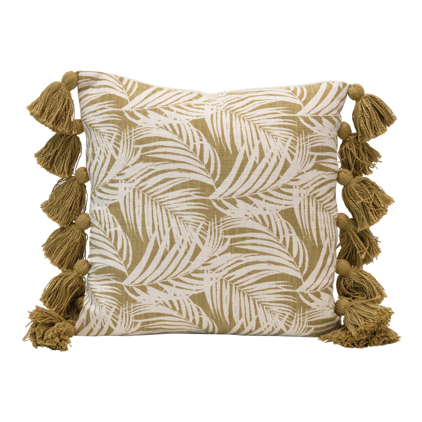 Pillow Palm Frond Pattern & Tassels Cotton Green 18" Square