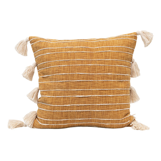 22" Cotton Woven Pillow with Stripes & Tassels Yellow