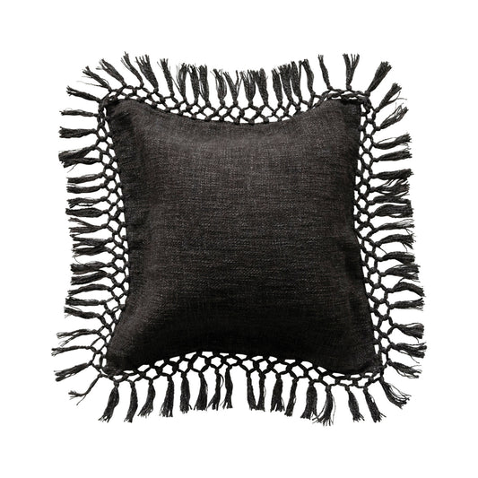Pillow Crochet & Fringe Cotton Slub Black 20" Square