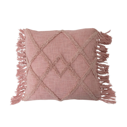 Pillow Tufted Pattern with Fringe Cotton Blend Pink 20" Square