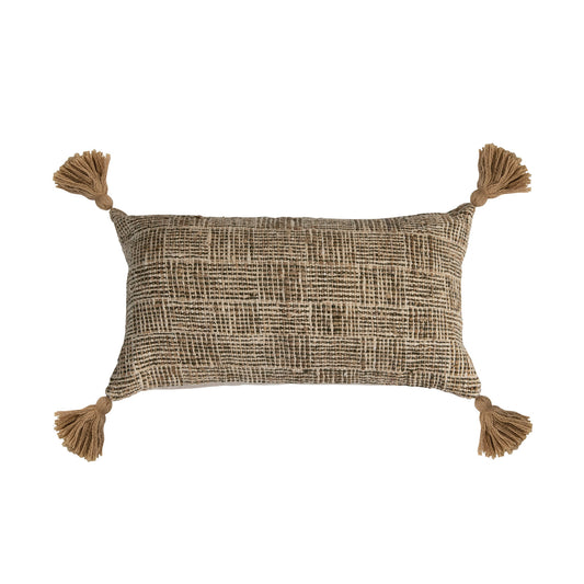 24" x 14" Woven Cotton Blend Lumbar Pillow with Tassels & Chambray