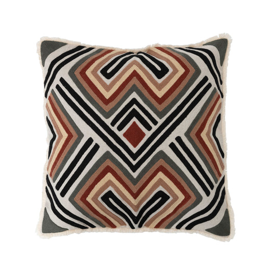 Pillow Embroidered with Pattern & Fringe Cotton 20" Square