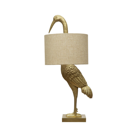 Lamp Tabletop Resin Bird with White Linen Shade Gold Finish
