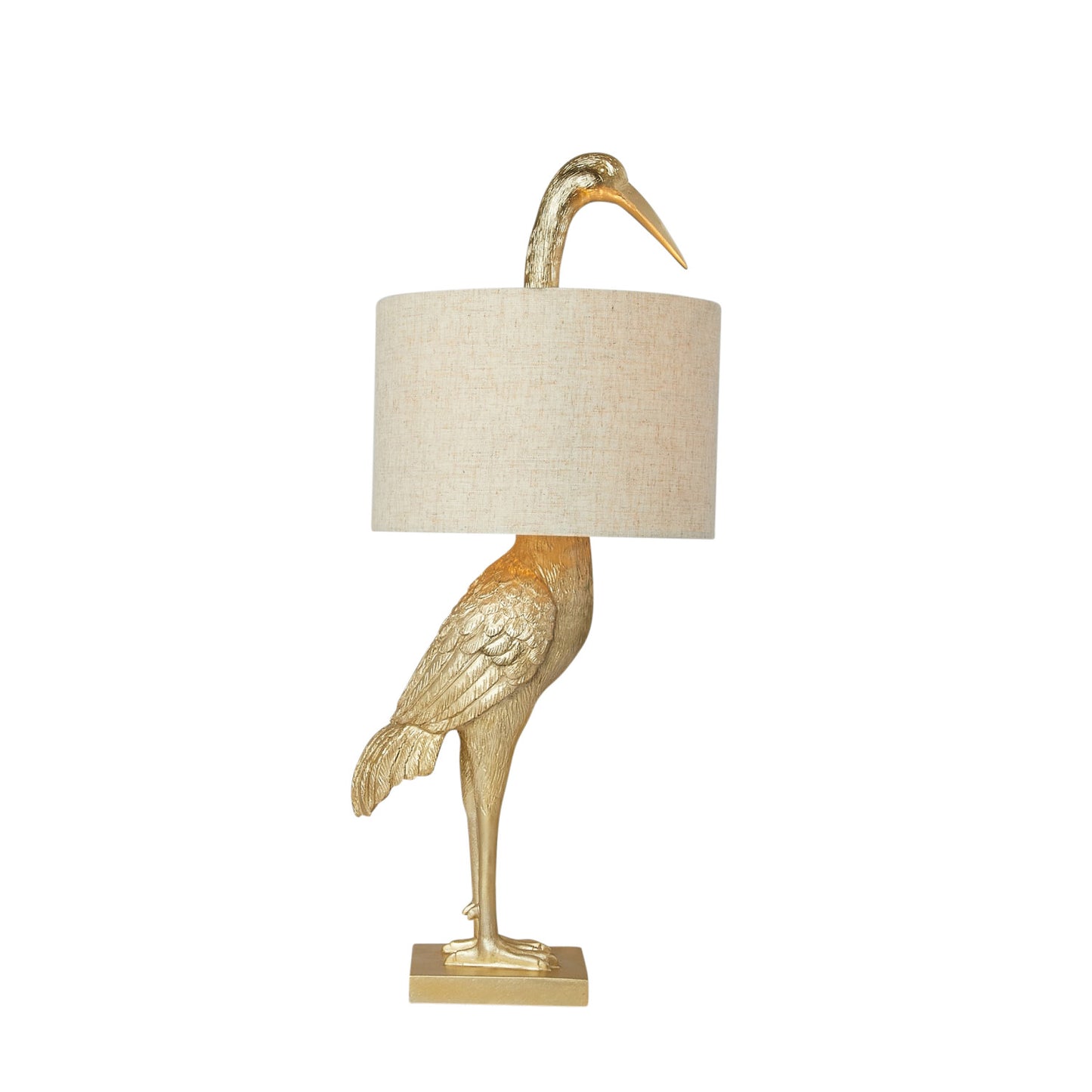 Lamp Tabletop Resin Bird with White Linen Shade Gold Finish