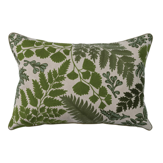 24"L x 16"H Cotton Embroidered Lumbar Pillow w/ Botanicals, Green & Natural