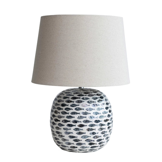 Lamp Tabletop Bamboo Fish Pattern Linen Shade Blue & White 14" Round x 19.25" High