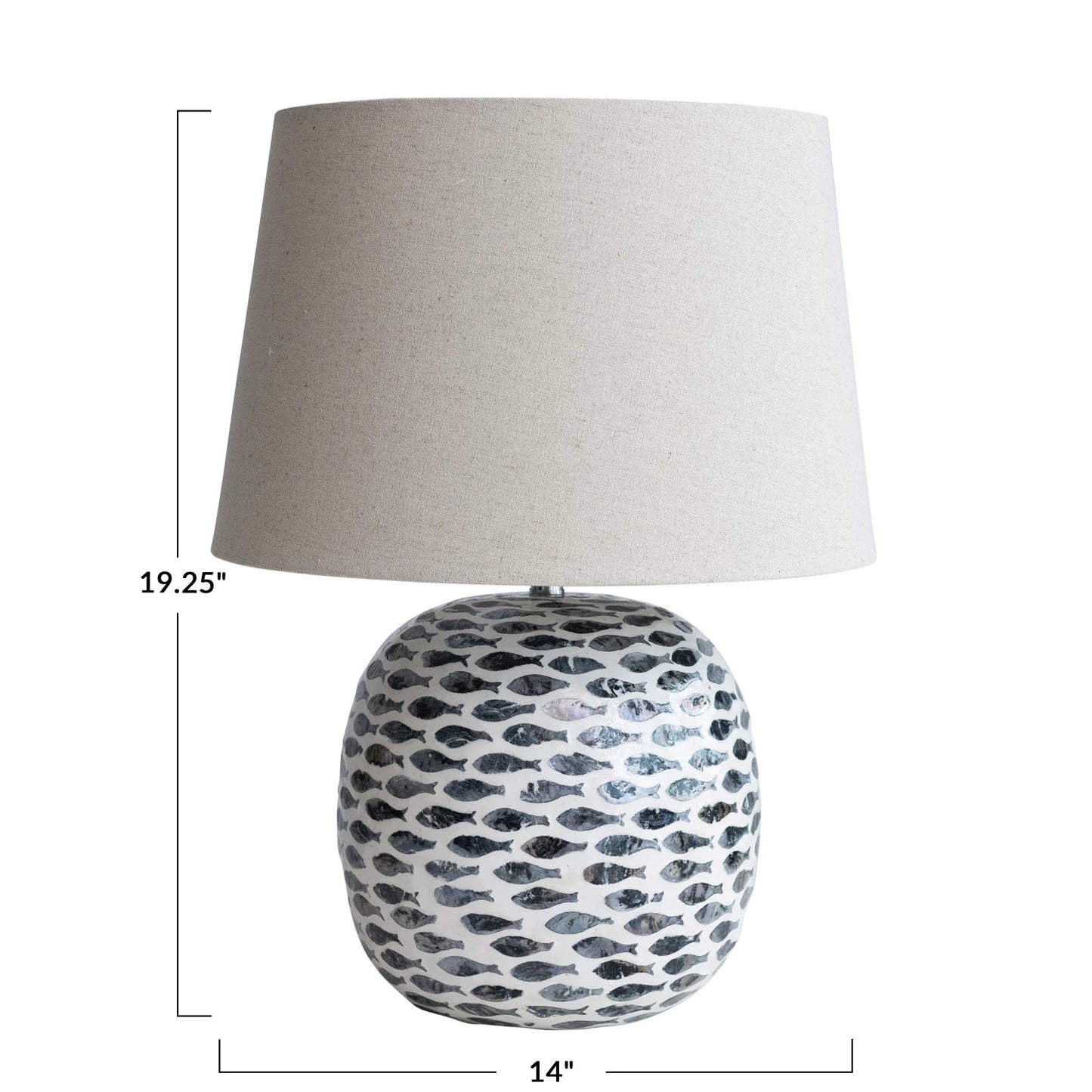 Lamp Tabletop Bamboo Fish Pattern Linen Shade Blue & White 14" Round x 19.25" High