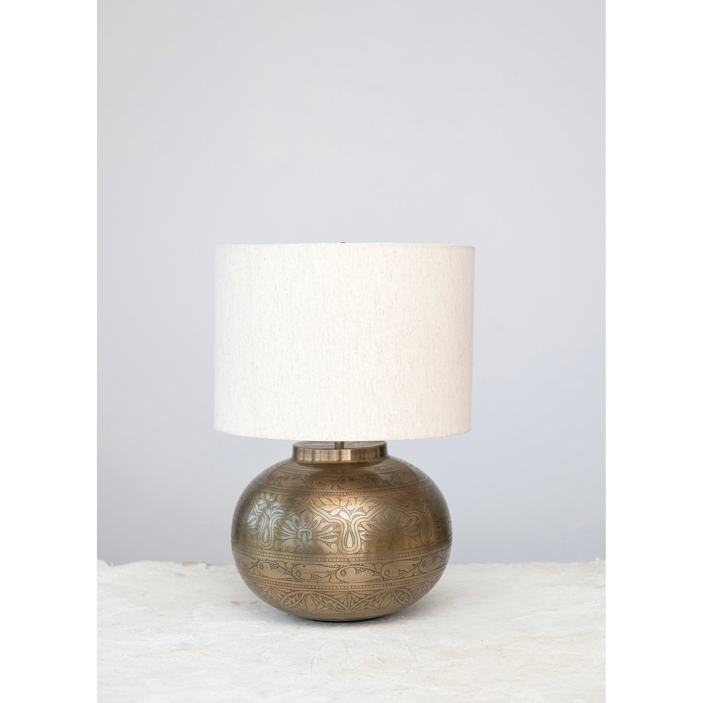 Etched Metal Table Lamp with Cotton Shade & Inline Switch