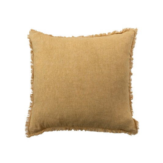 20" Square Stonewashed Linen Pillow w/ Fringe Mustard Color