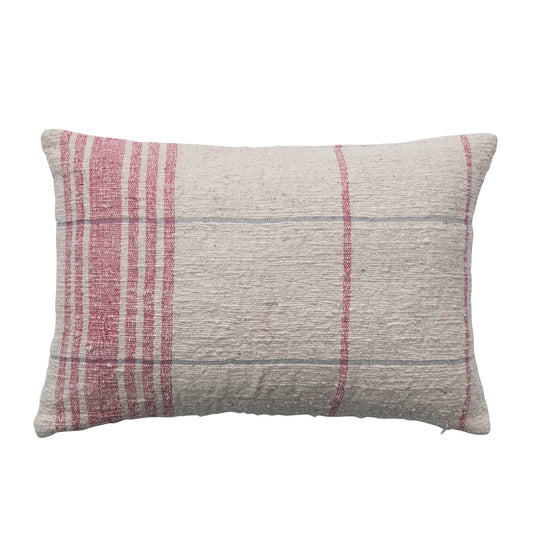 Lumbar Pillow Grid Pattern with Red Woven Cotton Slub 24"L x 16"H