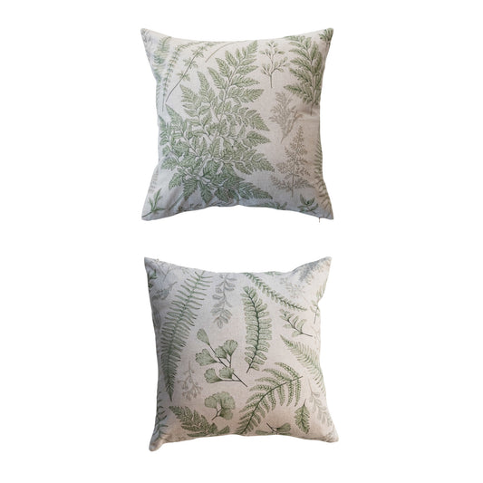 Pillow Printed Cotton & Linen Natural & Green 20" Square 2 Styles