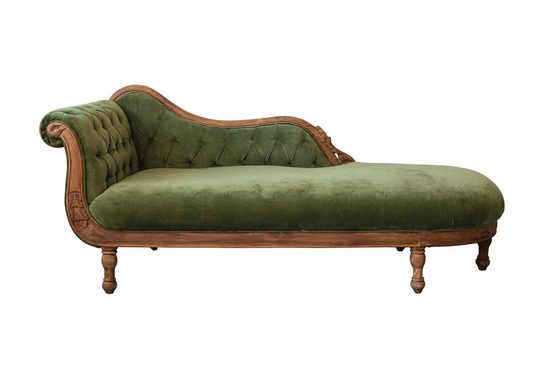 Chaise Lounge Fainting Couch Green Velvet with a Carved Wood Frame