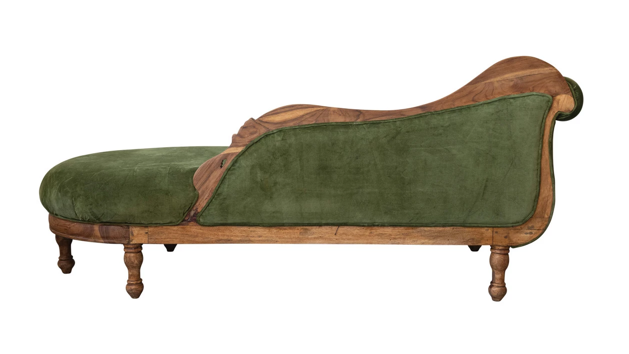 Chaise Lounge Velvet Green Carved Wood Frame