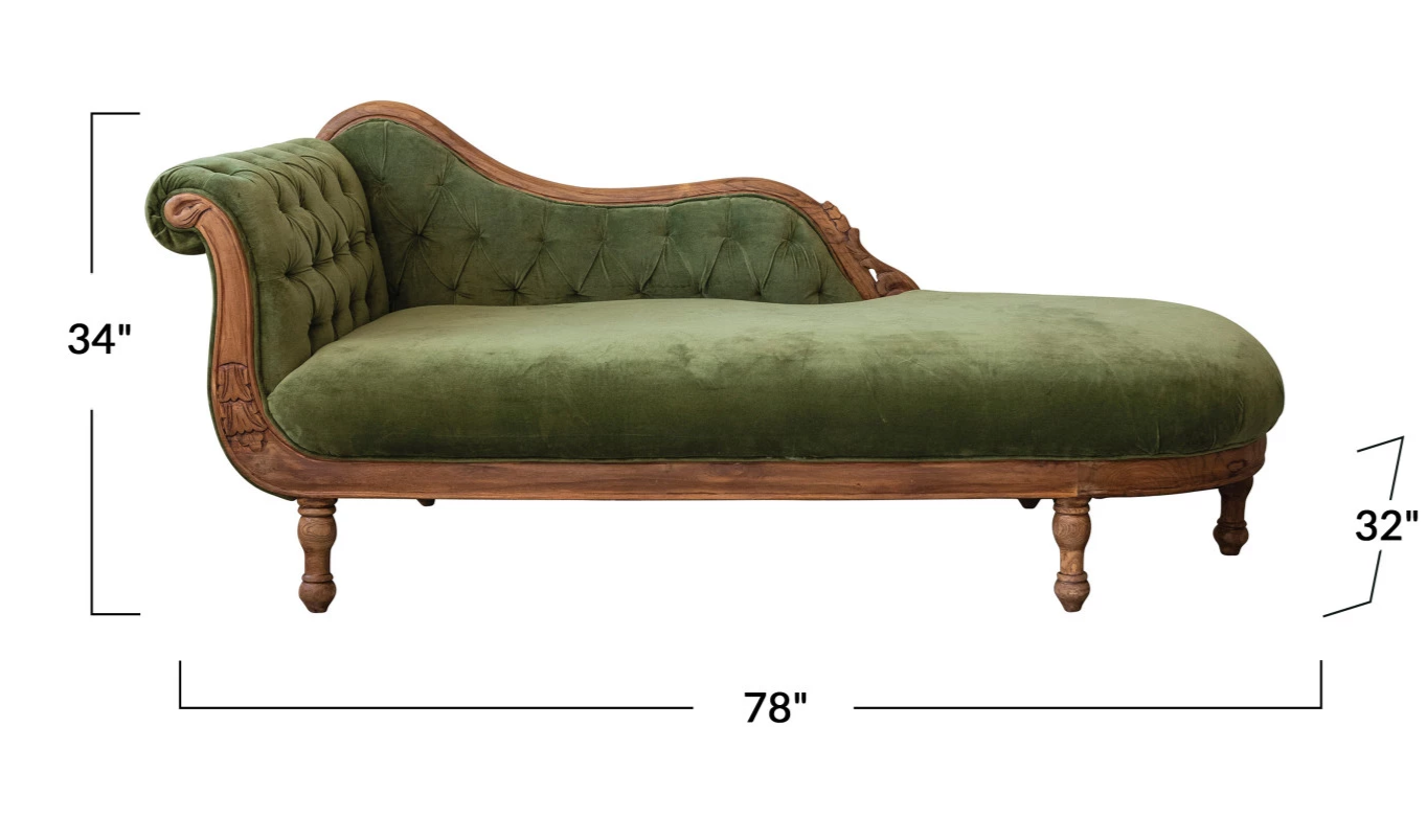 Chaise Lounge Velvet Green Carved Wood Frame