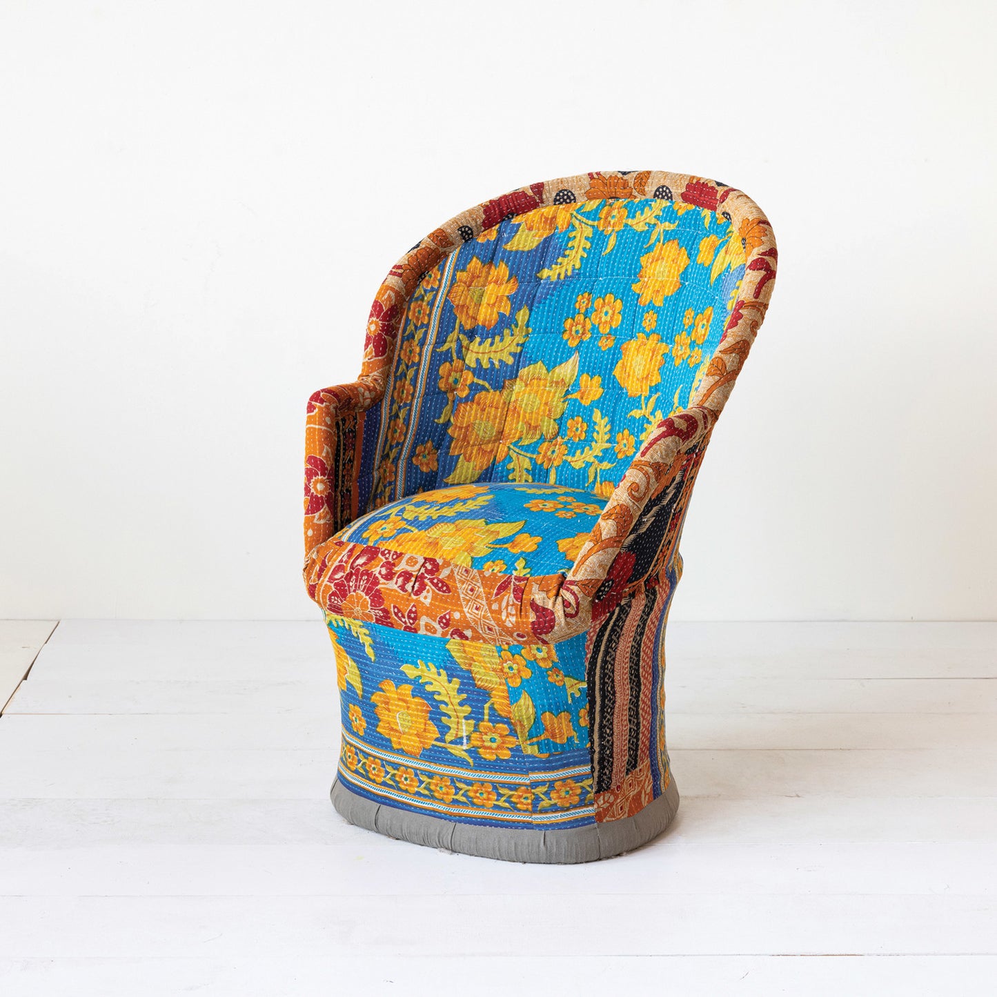 Kantha Stitch Upholstered Cane Chair (Each Pattern Will Vary)