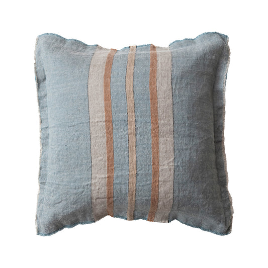 Throw Pillow Woven Linen Cotton Slub Back & Fringe with Stripes Blue Square 20"