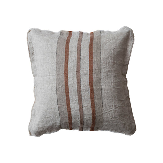 Throw Pillow Woven Linen Cotton Slub Back & Fringe with Stripes Cream Square 20"