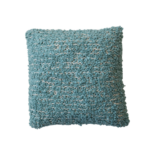 Throw Pillow Bouclé Woven Cotton Blend Blue Square 20"