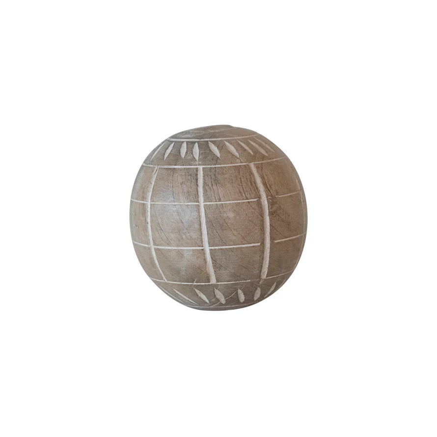 Ball Mango Wood Hand-Carved Whitewashed Grid 4" Round