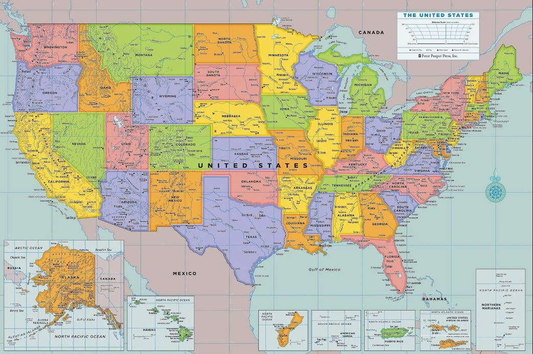 Wall Map Laminated USA 67"Wx45"H