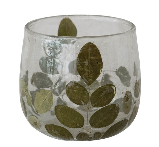 Votive Holder Glass Embedded Silk Oak Leaf 2.75"h