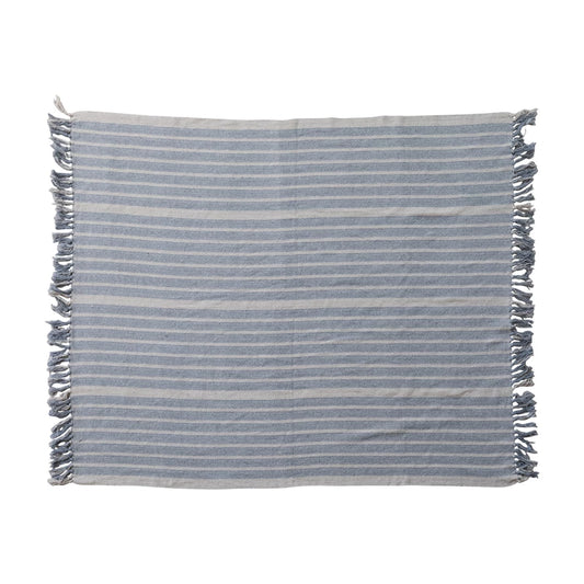 Blanket Throw Woven Recycled Cotton w/ Stripes Blue & Natural  60"L x 50"W