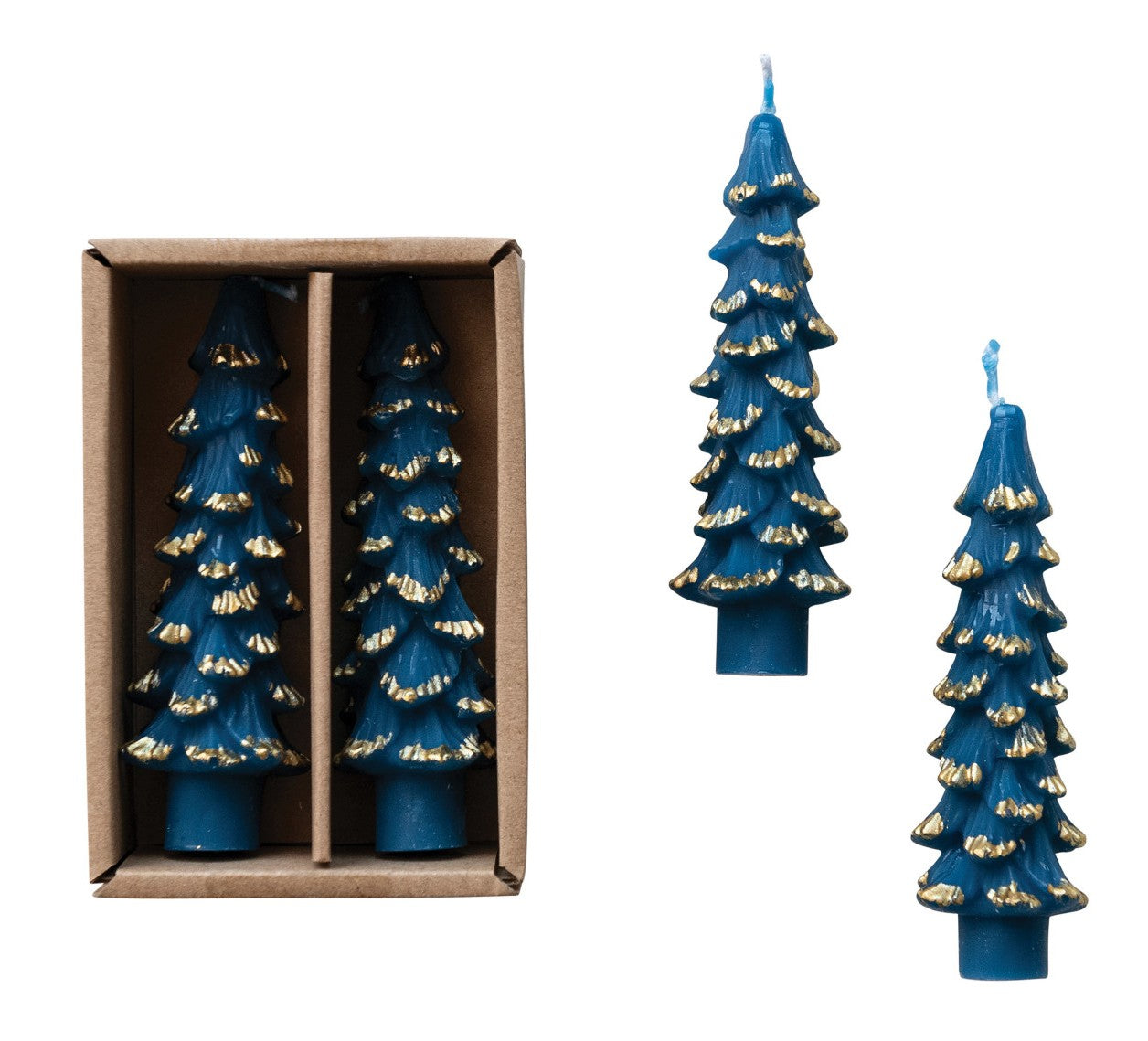 Holiday - Taper Candle - Tree Shaped - Set of 2 - Blue w/Gold Tips 4.75"h