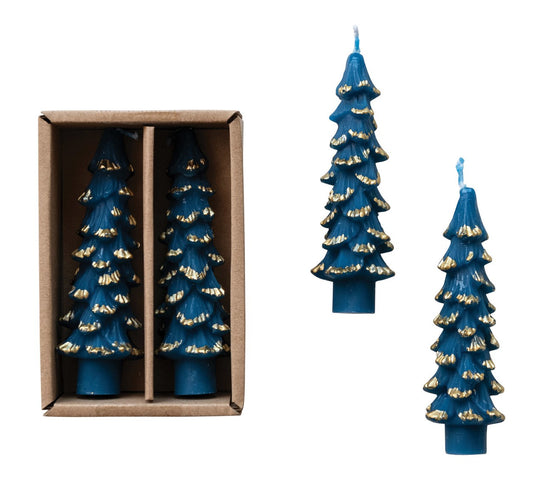 Holiday - Taper Candle - Tree Shaped - Set of 2 - Blue w/Gold Tips 4.75"h