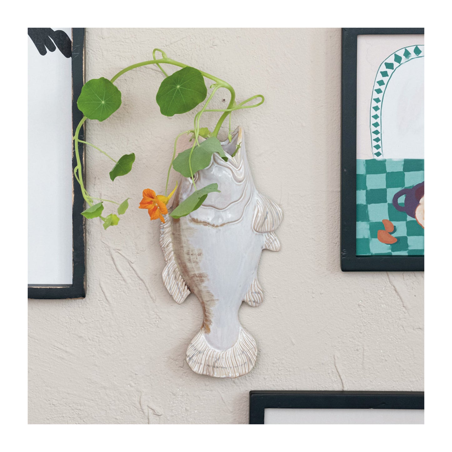 Wall Vase Stoneware Fish White & Tan 11.75"H