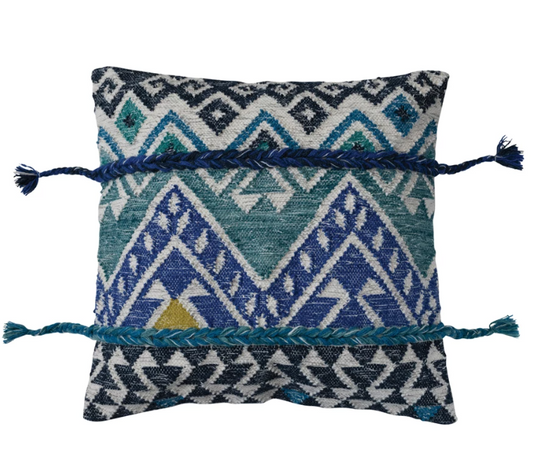Pillow Woven Cotton & Wool Kilim w/ Braided Tassels Blues and Teals 27" Square