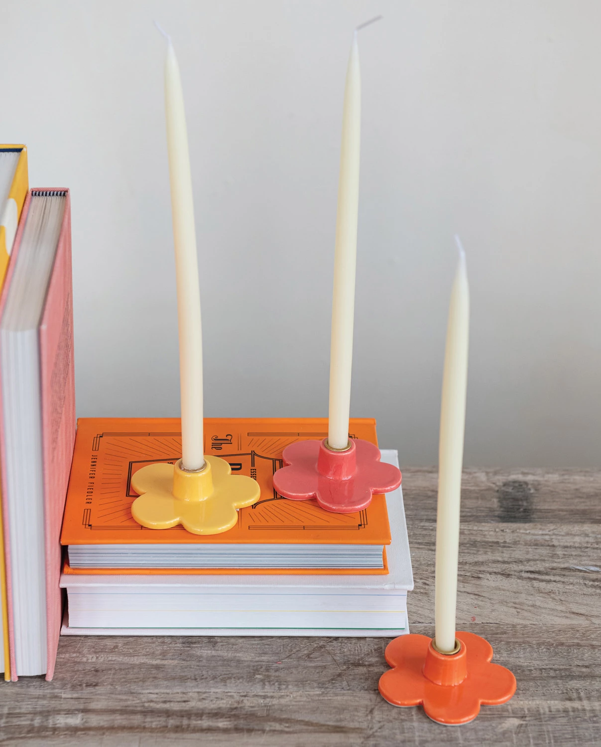 Taper Holder Flower Shaped Stoneware 3 Colors (Sold Individually)  Holds 1/2" Candle