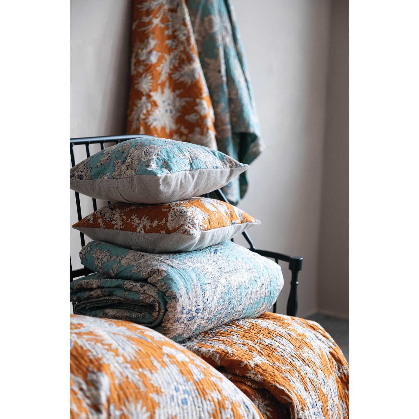 Pillow Cotton Voile Kantha Stitched Floral Orange 12" Square