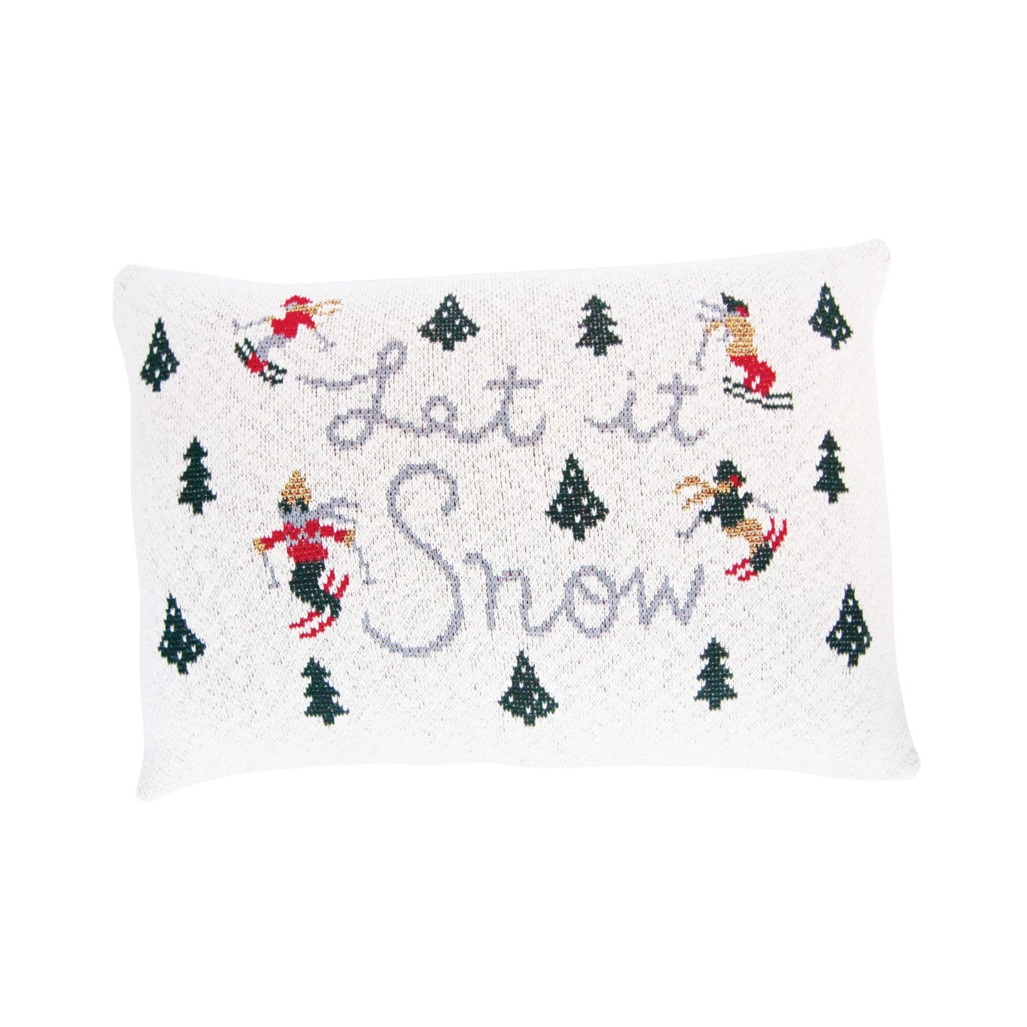 Pillow Lumbar Holiday Cotton Knit w/ Trees & Skiers "Let it Snow" 24"L x 16"H