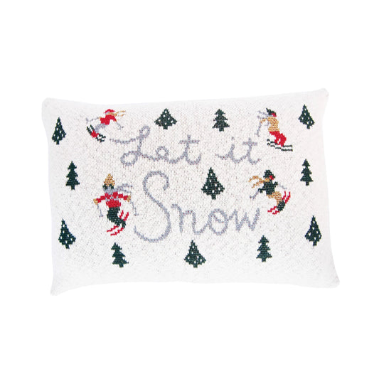 Pillow Lumbar Holiday Cotton Knit w/ Trees & Skiers "Let it Snow" 24"L x 16"H