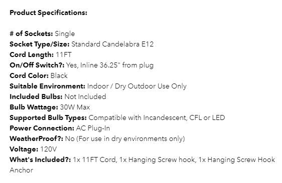 Cord Kit Candelabra Socket With Switch  E12 Base 11ft For Star Lanterns Black Cord