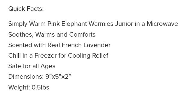 Warmies Junior Elephant Pink 9"