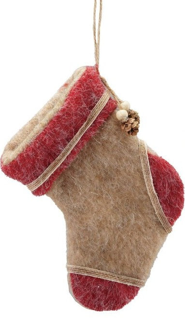 Ornament - Polyester Felt - Stocking with Pinecone - 6.25"h