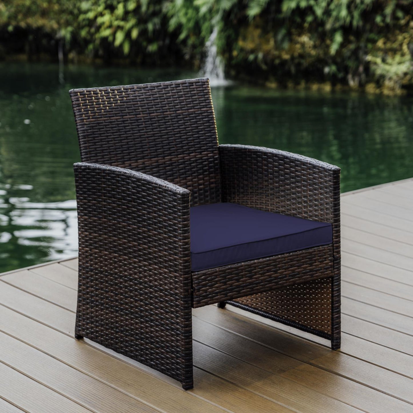 Patio Chair All Weather Wicker Brown with Navy Cushion