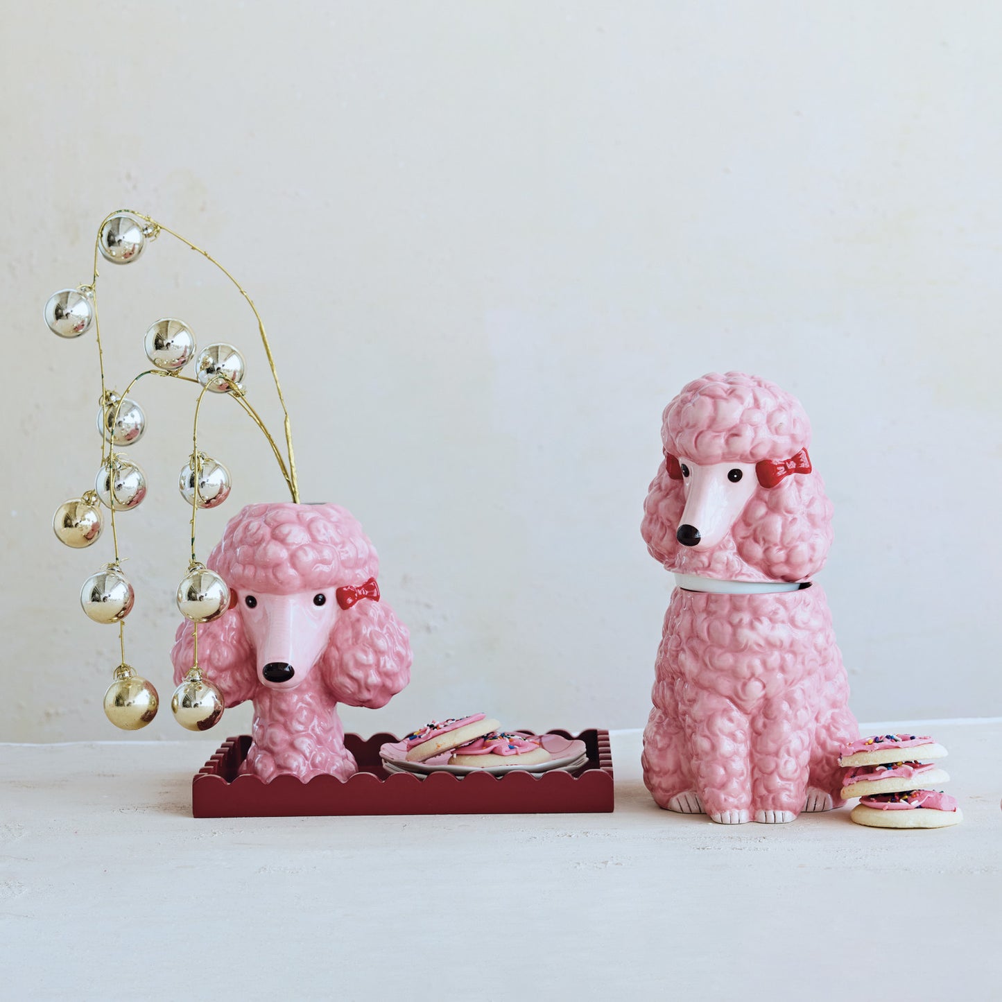 Vase Ceramic Poodle Head Shaped Pink with Red Bows 8"h