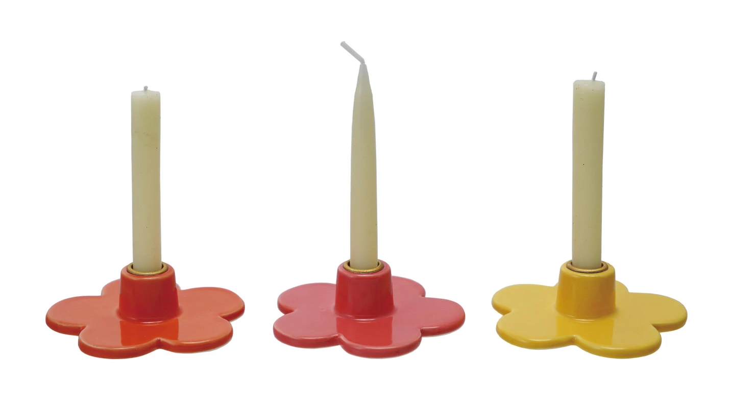 Taper Holder Flower Shaped Stoneware 3 Colors (Sold Individually)  Holds 1/2" Candle