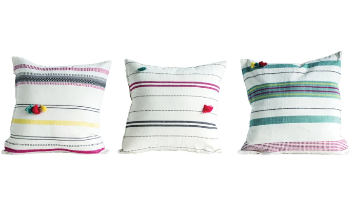 Throw Pillow - Hand Woven Cotton Stripe w/Tassels 16" 3 Styles (Sold Individually)