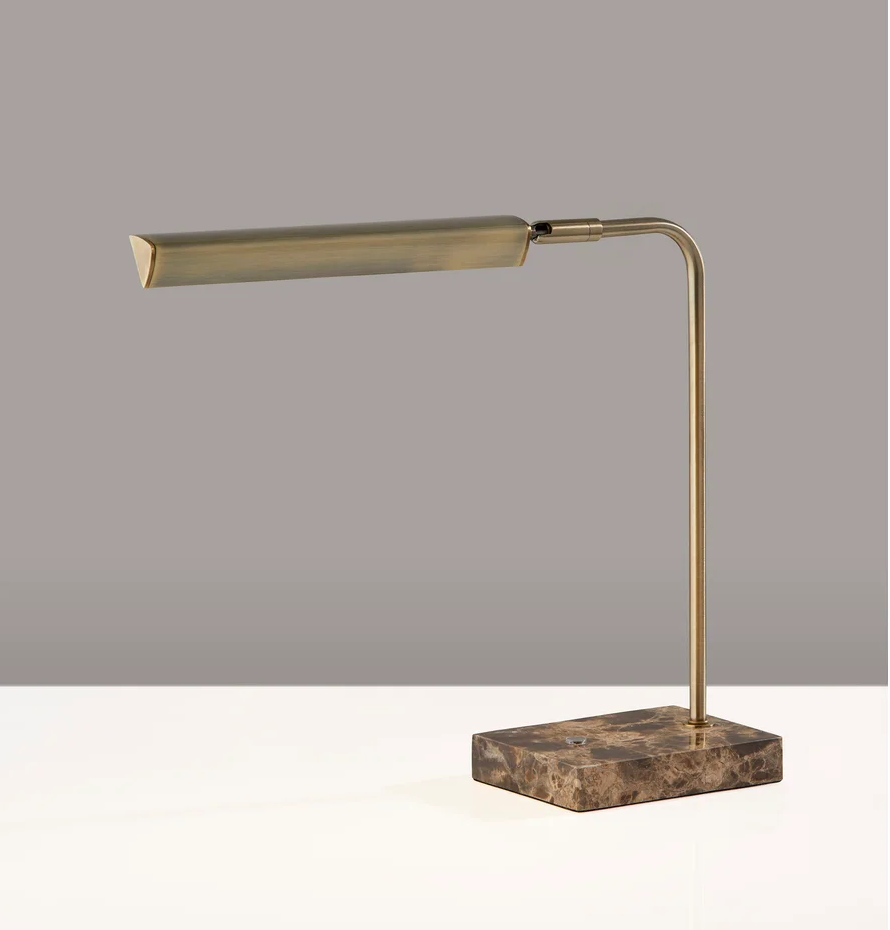 Reader Desk Lamp LED  15" High Antique Brass & Marble