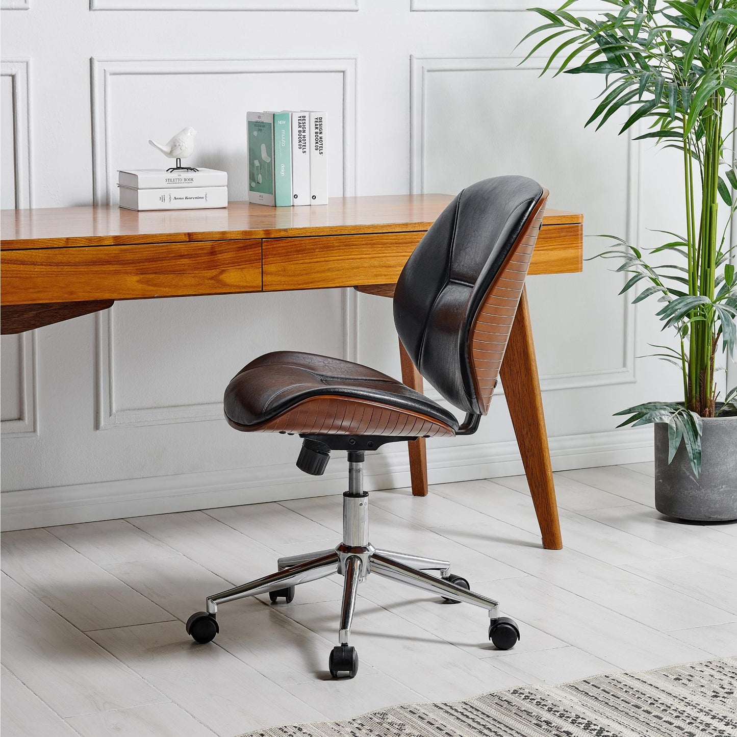 Shaun Office Chair Bamboo and Leather Armless Black