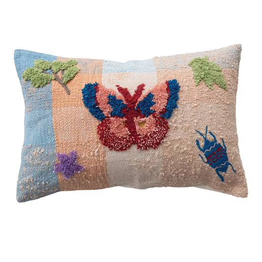 Pillow Butterfly Lumbar Woven w/ Tufting and Embroidery Multi Color 24"W 16"H