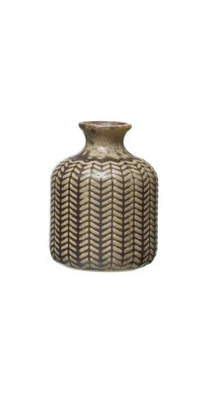 Vase Embossed Stoneware Reactive Glaze Olive Green 3.75" High Small