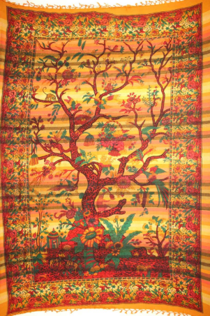 Tapestry Full Size Overprint Madras Tree Of Life Yellow