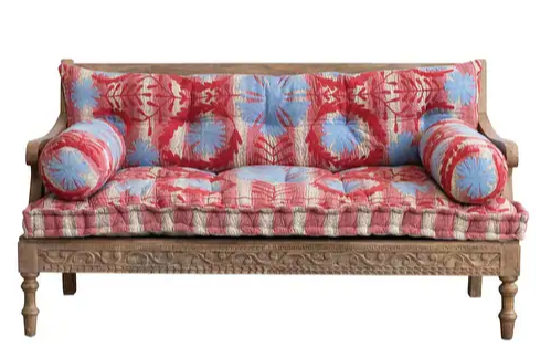 Sofa Wood Embroidered Cushions with 2 Bolster Pillows Red & Blue 59"w