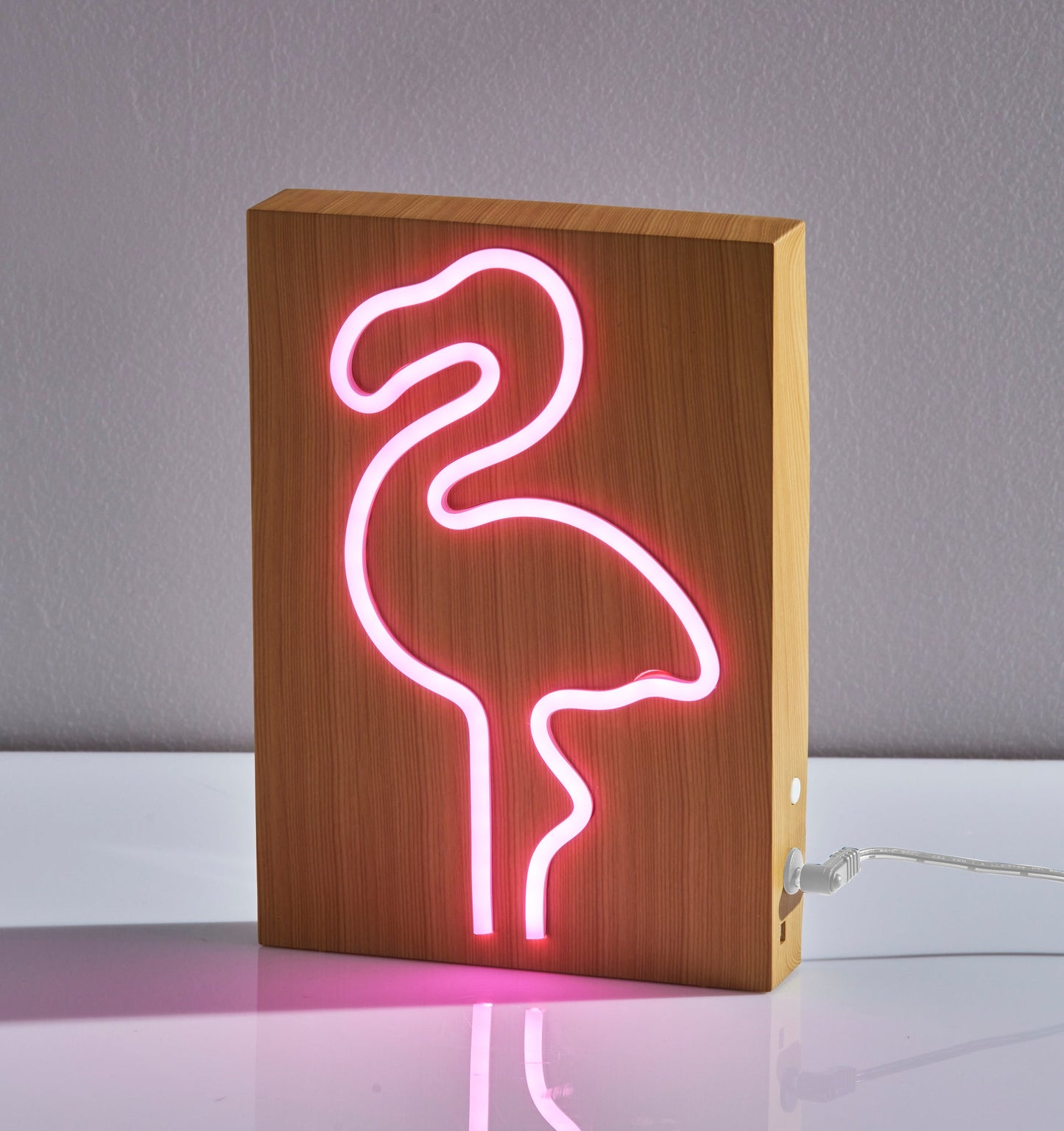 Wood Framed Neon Flamingo Lamp